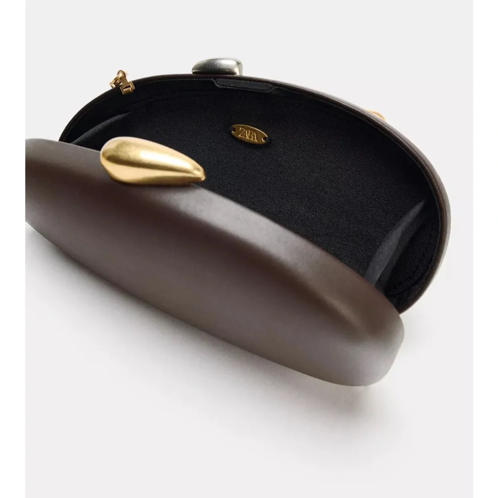 Zara NWT brown clutch bag irregular oval asymmetrical removable gold chain strap - Picture 4 of 6